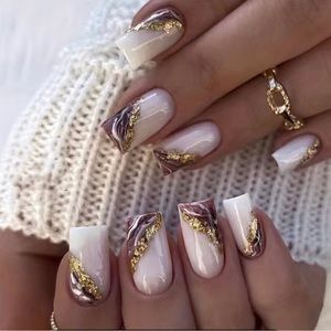 24pcs Luxury Gradient Marble Print Press On Nails w/Golden  Design New